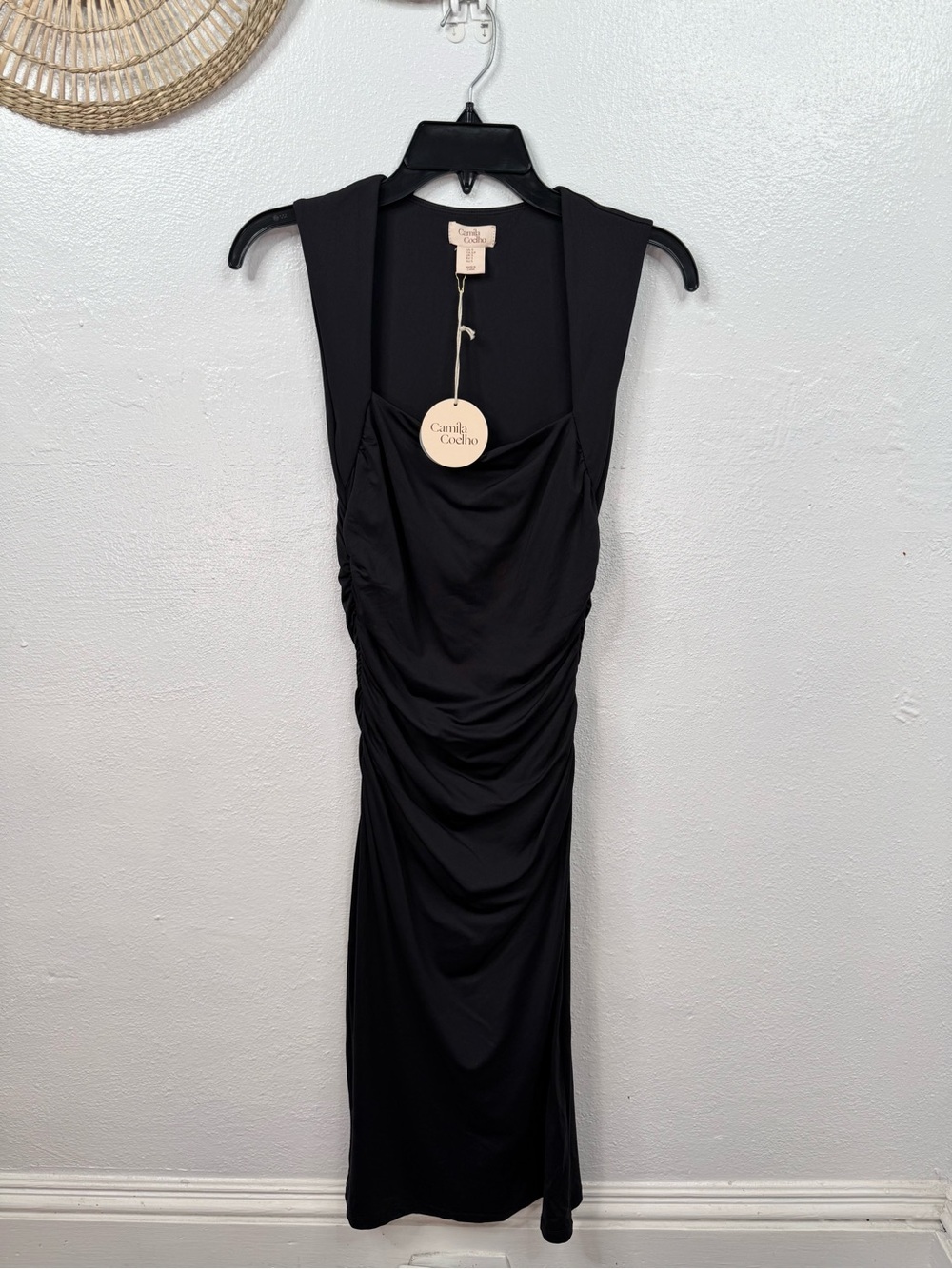 Camila Coelho Midi Fitted Dress Womens Size S Black Ruched Draped Cowl Neck